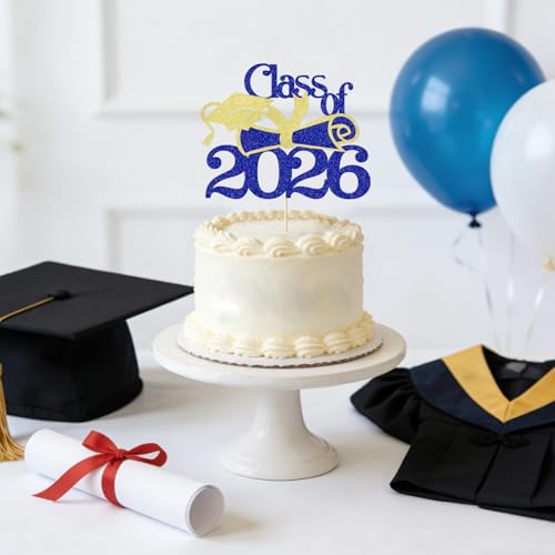 Class of 2026 Cake Topper - Dark Blue and Gold Graduation Party Decor