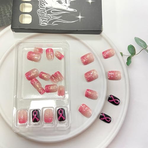 Breast Cancer Press on Nails Short Square Pink Ribbon False Nails