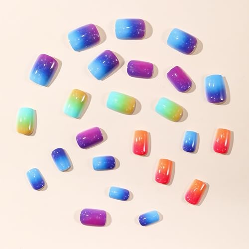 Short Square Press on Nails Glossy Gradient Rainbow Fake Nails 24 Pcs
