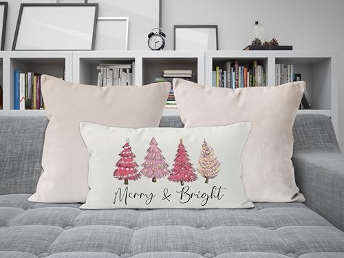 QGFM 25-Pink Christmas Pillow Cover 12x20 - Lumbar Holiday Throw Cushion