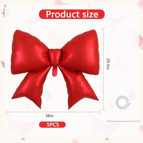 38 Inch Red Bow Balloons - 5 Pack Giant Party Decorations for Birthday & Weddings