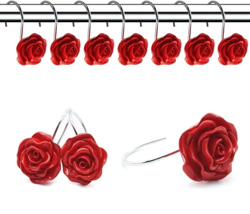 Red Rose Shower Curtain Hooks 12 pcs - Decorative Rust-Resistant Bathroom Rings