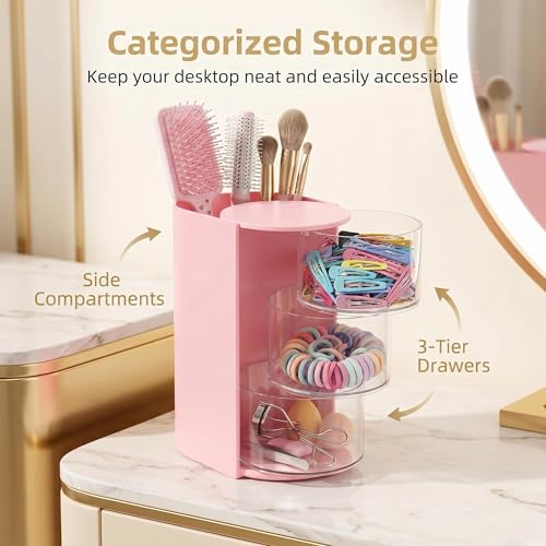 Hair Accessories Organizer with Rotating Brush Holder - 3-Tier Storage for Clips & Ties (Pink)
