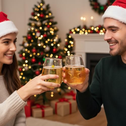 Christmas Tree and Star Stemless Wine Glass Set - 2 Pack Holiday Drinkware