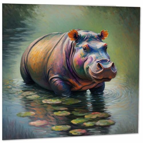 Purple Fox Hippo Greeting Card – Animal Impressionism Art 145x145mm