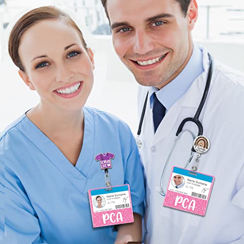 Plifal Pink Nurse Badge Buddy Card Holder Glitter Horizontal ID Tag for Personal Care Assistants