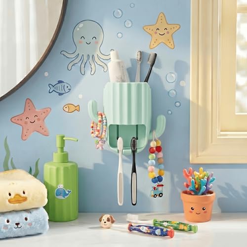 Cute Cactus Toothbrush Holder - Wall Mounted Kids Bathroom Organizer