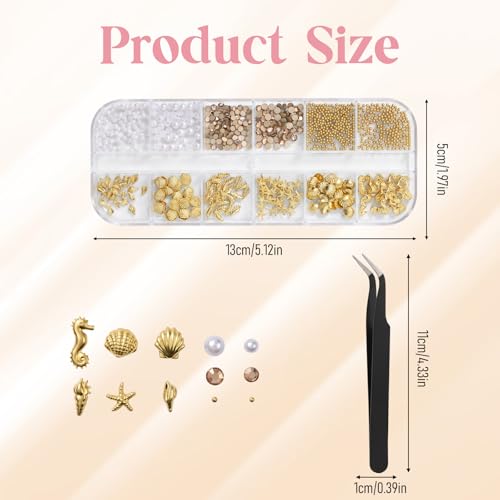 Summer Ocean Nail Charms 3D Gold Starfish Seashell Art Decorations with Tweezers