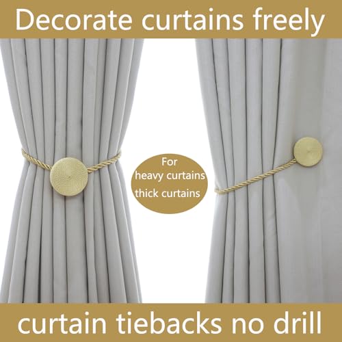 SLIFEOW Gold Magnetic Curtain Tiebacks 12mm Heavy-Duty Rope Holdbacks - No Tools Needed