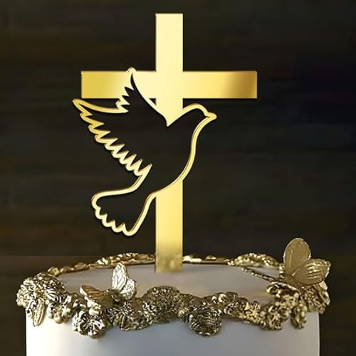 Gold Mirror Acrylic Cross Dove Cake Topper - 5" for Baptism & Communion