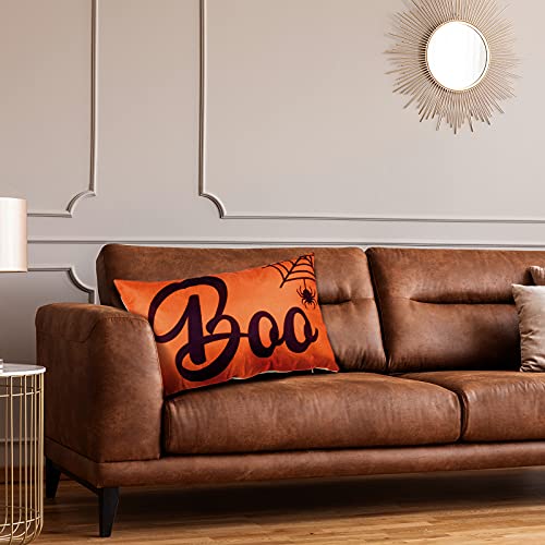 Halloween Pillow Covers Set - Spooky Boo Letter & Web Design, Linen Sofa Cushions, 20x12 Inches