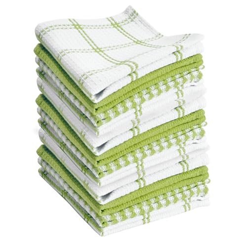 T-Fal 100% Cotton Waffle Dish Cloths - 12"x13" Absorbent Towels, Green (12-Pack)