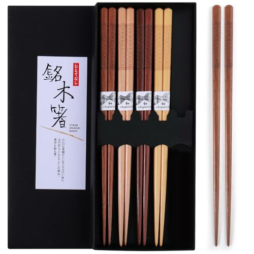 GLAMFIELDS Reusable Japanese Wooden Chopsticks - 5 Pairs, Mixcolor-A Hand-Carved