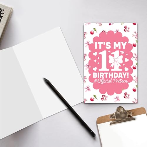 Cute Pink 11th Birthday Card for Girls with Bow & Envelope