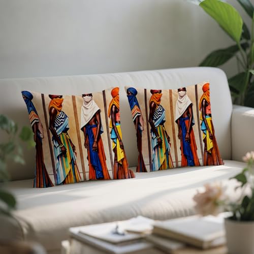 African Tribal Women Pillow Covers 18x18 Inches - Set of 2