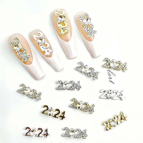 FIEONCIY 2024 Number Nail Rhinestones 3D Alloy Metal Digit Charms - 14Pcs