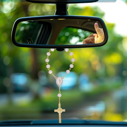 Pink Mini Car Rosary with Cross Pendant for Rearview Mirror