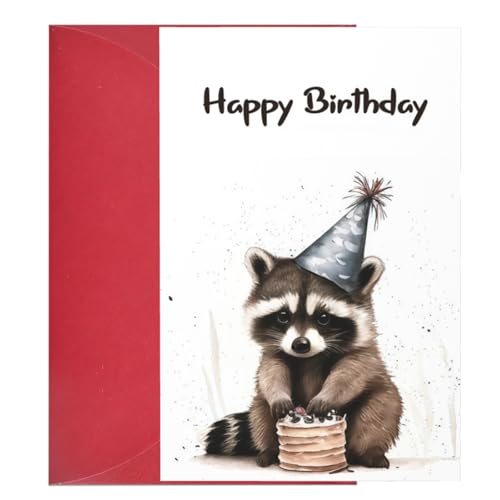 Awsaccy Cute Raccoon Birthday Card with Envelope - Funny Watercolor Party Design