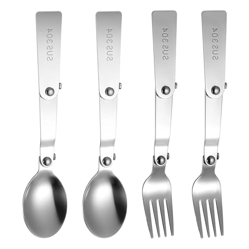 4PCS Foldable Spoon Fork, Stainless Steel Portable Folding Spoons Forks Set Spoon Replacement Metal Serving Spoons Foldable Utensils Fork Compatible with Lunch Box Food Jar for Outdoors Travel