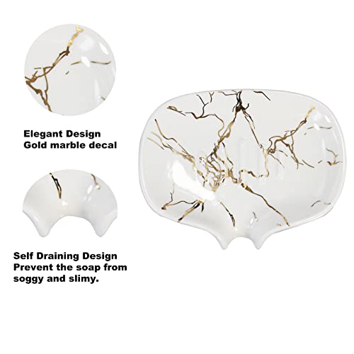 Marble Gold Ceramic Soap Dish - Self-Draining Bathroom Soap Holder