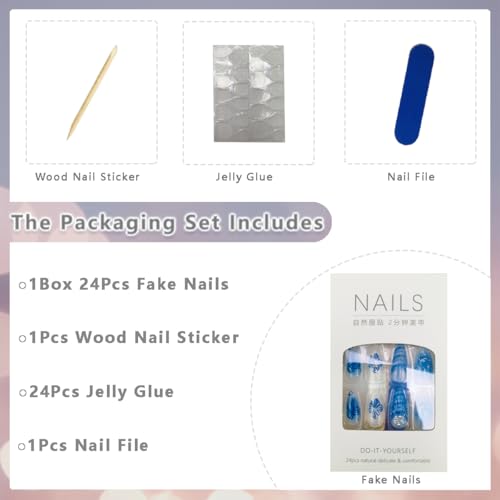Blue French Tip Press On Nails Medium Almond Fake Nails with 3D Flowers