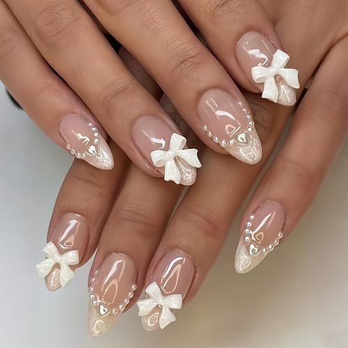 Nude Pink Press On Nails with French Tip & 3D Bow - 24Pcs Medium Almond