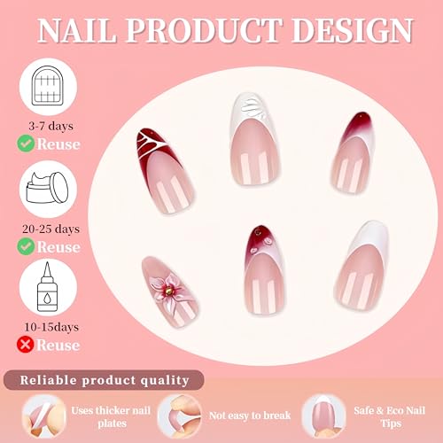 Tephrent 3D Flower Press on Nails Almond Red French Tip False Nails