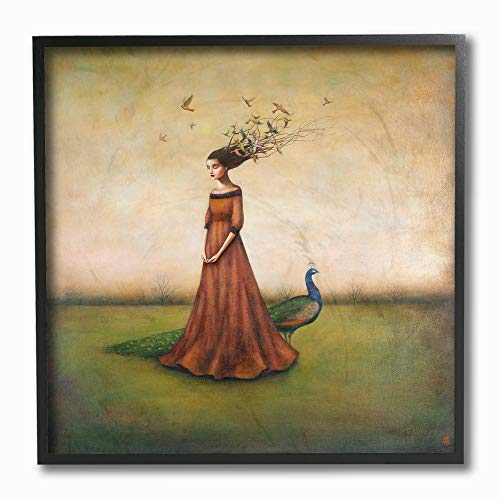 Stupell Industries Beauty and Birds in Her Hair Woman and Peacock Illustration Framed Giclee Texturized Art, Multi-Color
