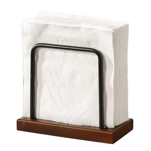 Modern Rectangular Napkin Holder with Wooden Base and Black Metal Frame