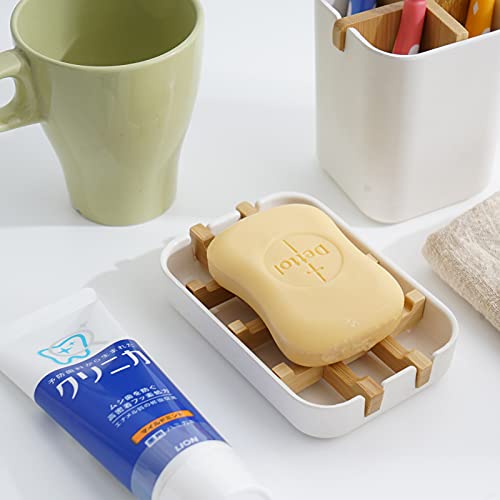 2 Pack Bamboo Soap Dish - Self-Draining Natural Wooden Bar Soap Holder (White)