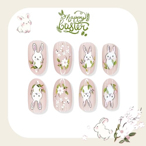 ASABITE Easter Press on Nails Short Almond Bunny Flower False Nails Kit