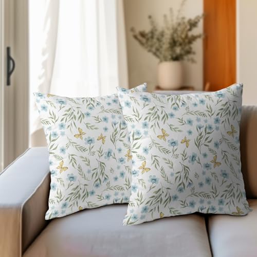 Roverantic Blue Green Yellow Floral Pillow Covers 18x18 Set of 2 Spring Home Decor