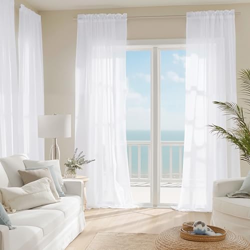NICETOWN White Sheer Curtains 102 Inch Length, Rod Pocket Panels (2-Pack)