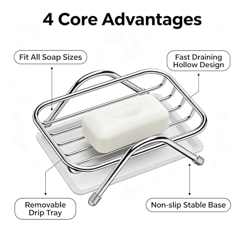 Stainless Steel Self-Draining Soap Dish with Removable Tray for Bathroom & Kitchen