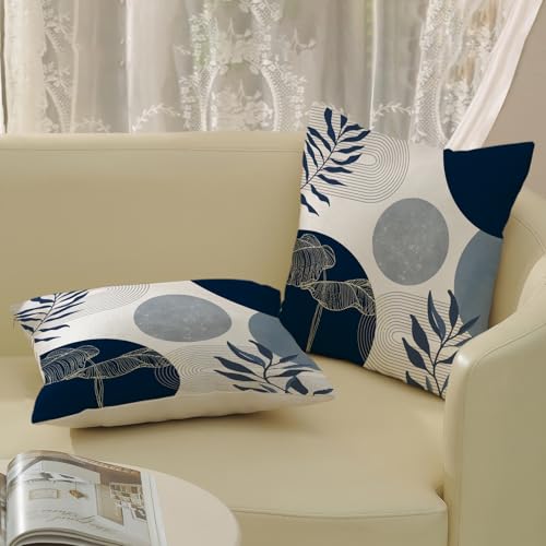 Boho Navy Blue Throw Pillow Covers 18x18 Set of 2 - Modern Linen Cushion Case