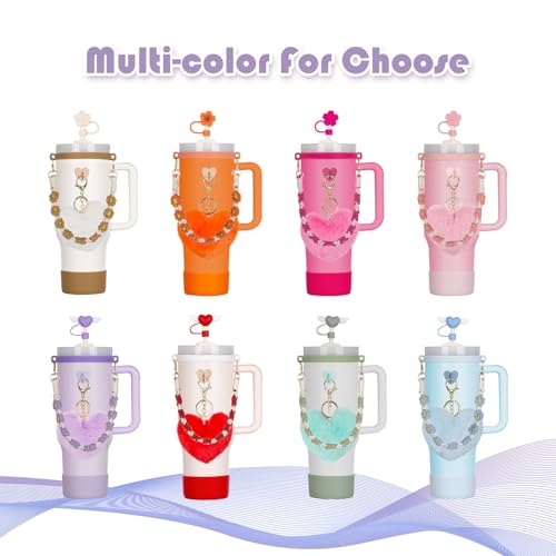 7Pcs Khaki Stanley Cup Accessories Set with Handle Strap, Love Heart/Flower Straw Topper Straw Cover Cap, Silicone Boot, Love Heart Charms for Water Bottle Tumbler 20oz 30oz 40oz
