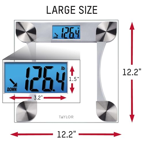 Taylor Digital Bathroom Scale for Body Weight, Large 12.2 Inch Glass Platform, Blue Backlit LCD Display, 440 lb Capacity, Weight Tracking for 2 Users, Clear