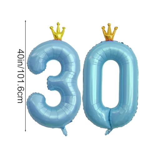 40 Inch Baby Blue Number 30 Crown Balloon Set for Birthday Party