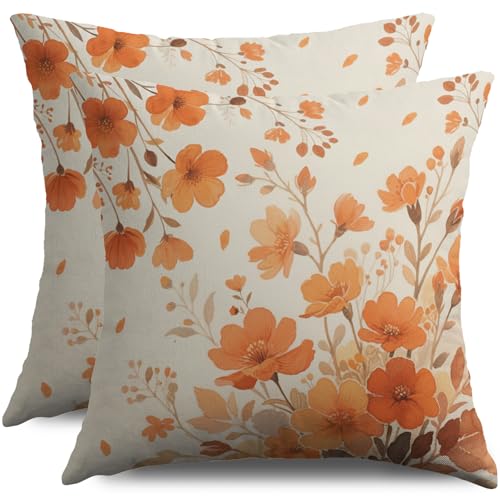 Burnt Orange Fall Floral Pillow Covers 18x18, Set of 2 Cotton Linen Cases