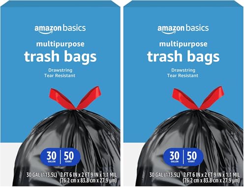 Amazon Basics 30 Gallon Drawstring Trash Bags, 50 Count