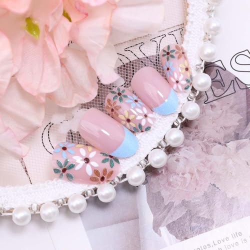 Short Almond French Tip Press On Nails with Daisy Flower Design