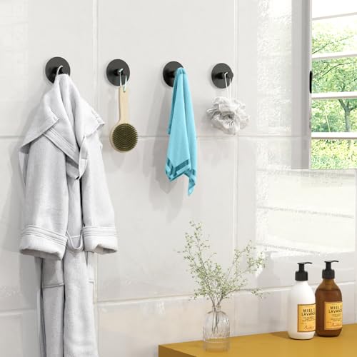 STWWO Adhesive Hooks for Walls, Heavy Duty Aluminum Towel Hooks - 4 Pack Black