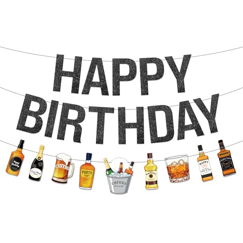 Black Glitter Happy Birthday Banner - Pre-Strung Beer & Whiskey Party Decor
