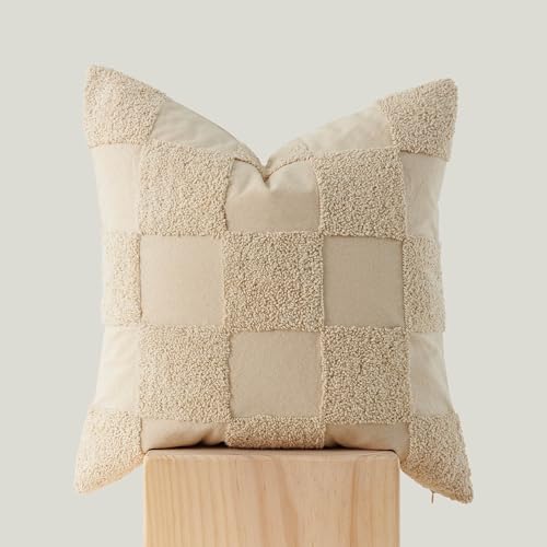 Double Stitch Checkered Throw Pillow Covers - 100% Cotton Tufted Boho Decorative Pillow Covers 20x20, Made in India, Square Plaid Cushion Case, Modern Home Decor for Couch, Sofa, Living Room, Oat