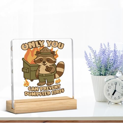 Raccoon Dumpster Fire Desk Sign - Funny Acrylic Office Decor 4x4"