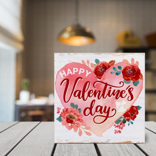Happy Valentine's Day Wooden Sign - 5x5 Inch Tabletop Decor