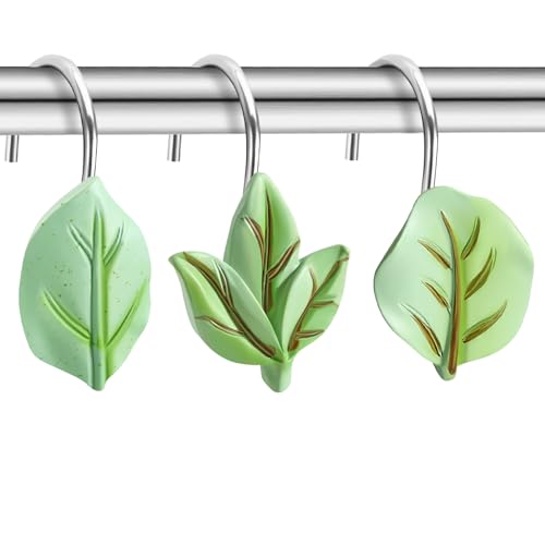 EleCharm Leaf A 12PCS Green Plant Shower Curtain Hooks - Rustproof Stainless Steel