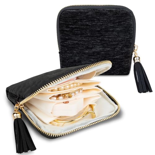 Black Travel Jewelry Case with Tassel Zipper - Compact Organizer for Jewelry & Accessories
