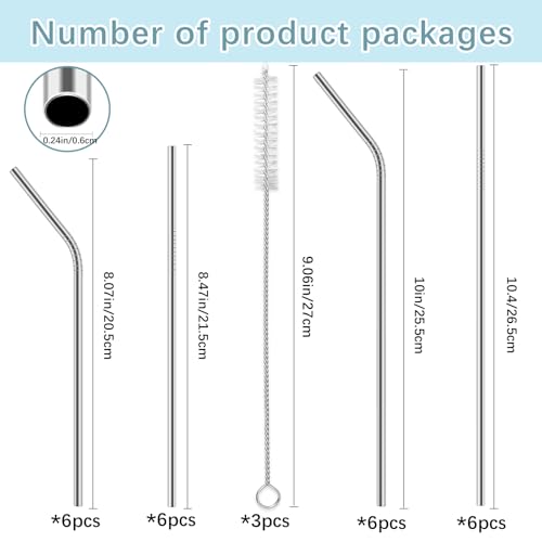 24-Pack Reusable Stainless Steel Metal Straws - Silver, Straight & Bent