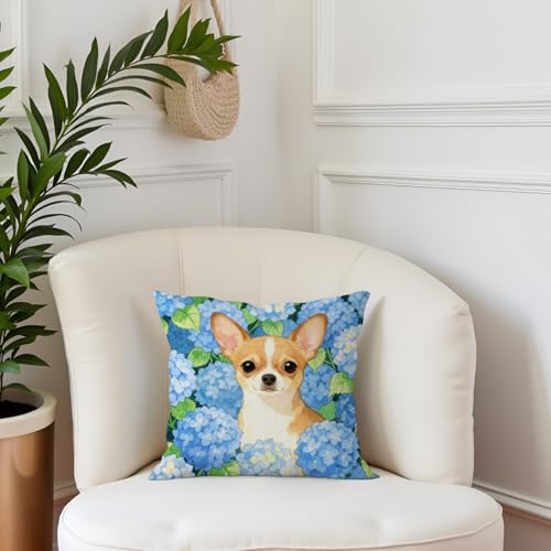 Blue Hydrangea Chihuahua Pillow Cover 18x18 - Soft Flannel